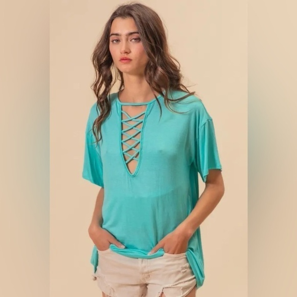 BiBi Jersey Knit Top with Criss Cross Front Neck Detail - Picture 1 of 6